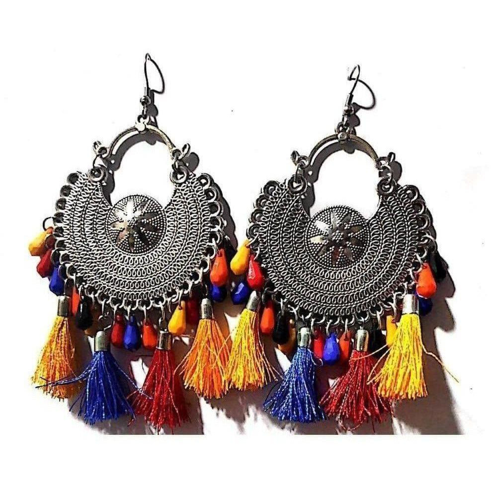 German Silver Chandbali Earrings With Multi Color Beads And Silk Threads