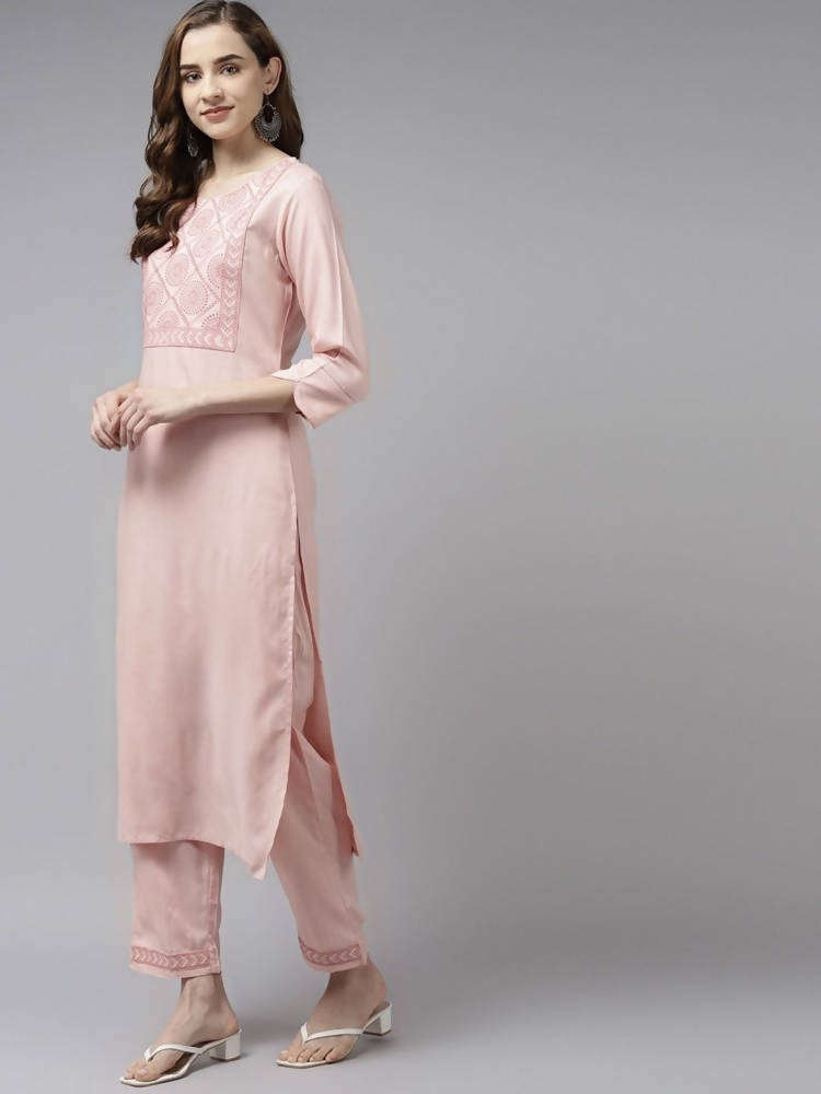 Yufta Women Pink Ethnic Motifs Yoke Design Thread Work Kurta with Palazzo