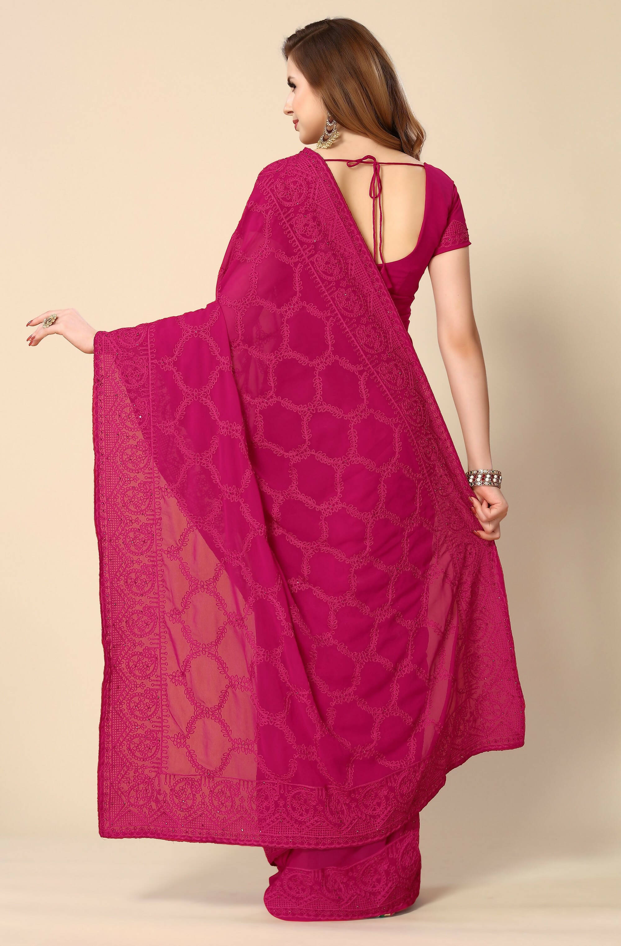 Pink Georgette Embroidered and Stone Work Saree with Unstitched Blouse Piece - Roozal - Distacart