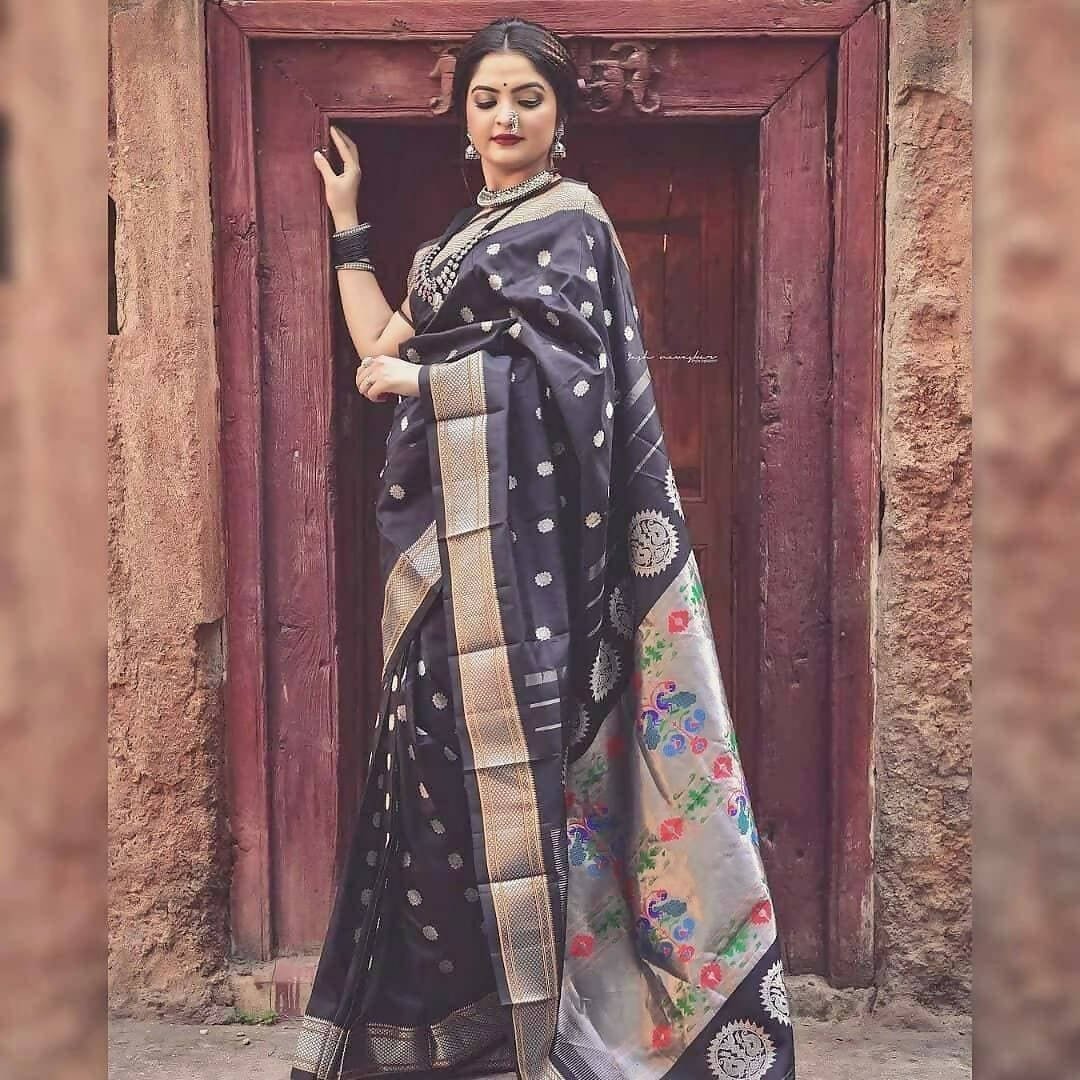 DEIANA'S Beautiful Golden Jari with New Design Soft Lichi Silk Saree - Black - Distacart