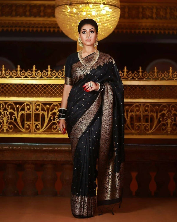 DEIANA'S Beautiful Golden Jari with New Design Soft Lichi Silk Saree - Black - Distacart