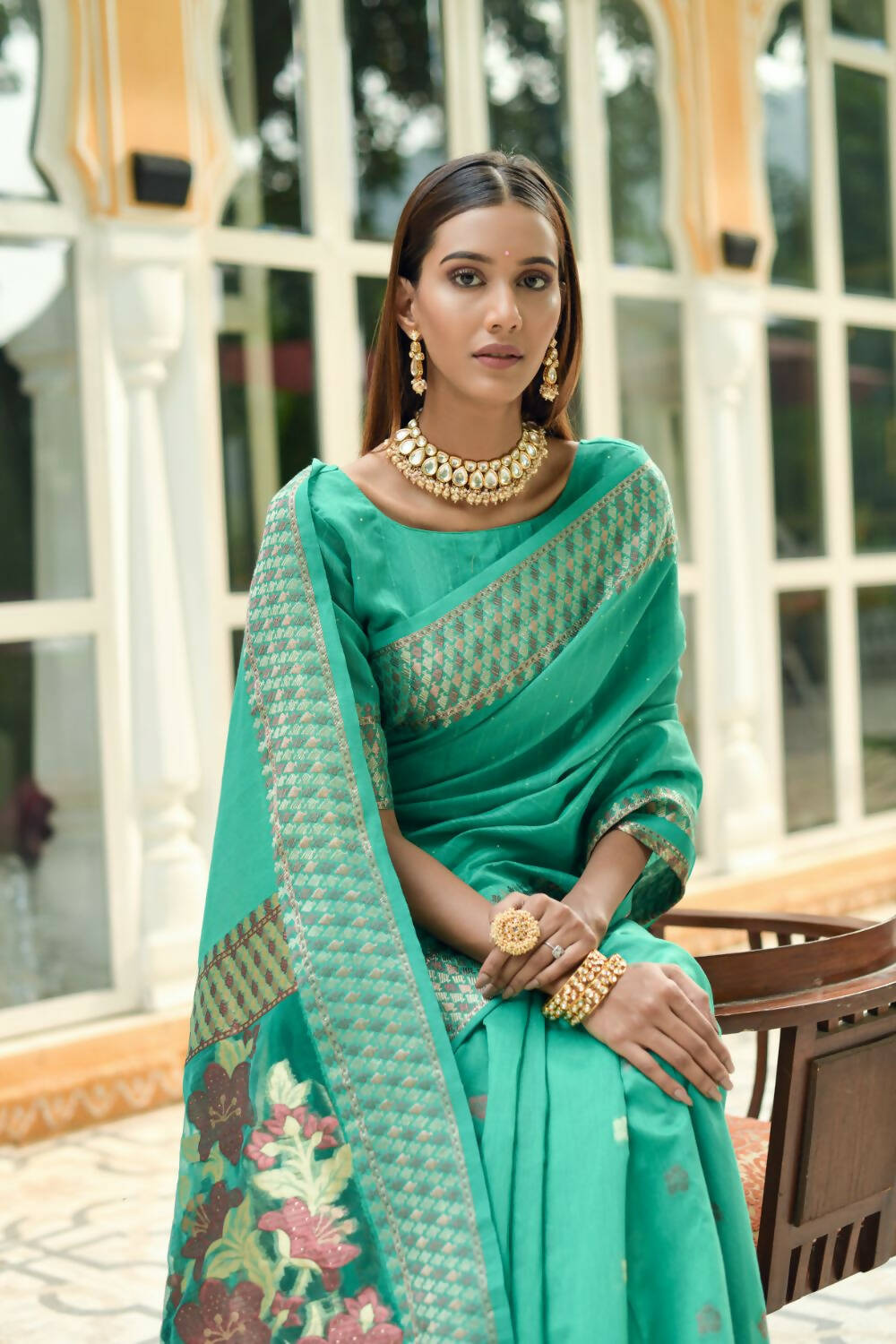 Vishnu Weaves Women's Sea Green Cotton Silk Zari Woven Butta Work Saree with Blouse - Distacart