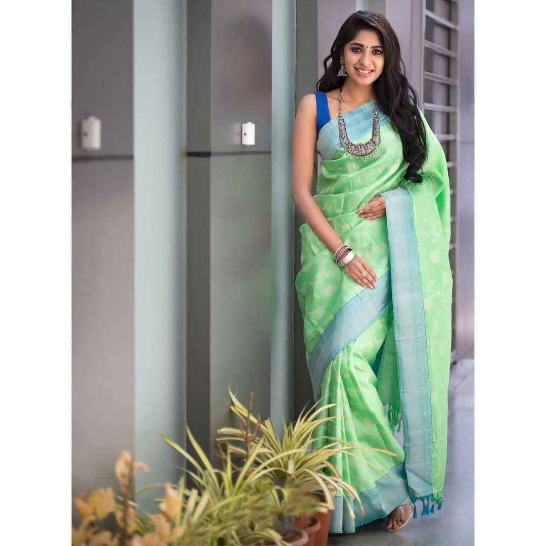 DEIANA'S Beautiful Golden Jari with New Design Soft Lichi Silk Saree - Pista - Distacart
