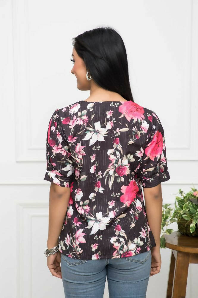 Myshka Women V-Neck Regular Sleeves Viscose Rayon Black Floral Top - Distacart
