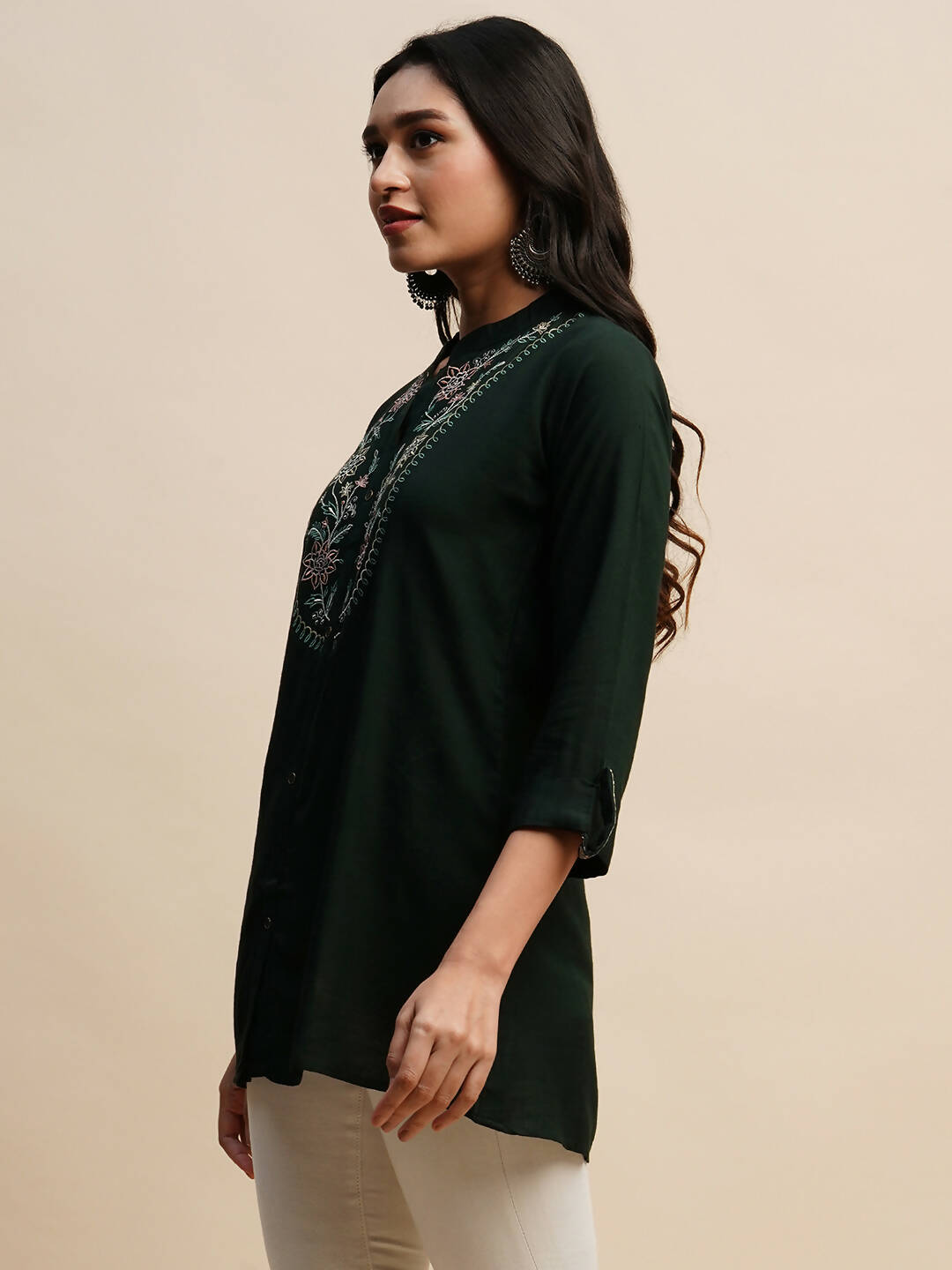 Dark Green Rayon Embroidered Top - Tarini - Distacart