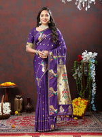 Thumbnail for Lorenvalley Fashion Purple Soft Paithani Silk Woven Design Gold Zari Meenakari Weaving Saree - Distacart