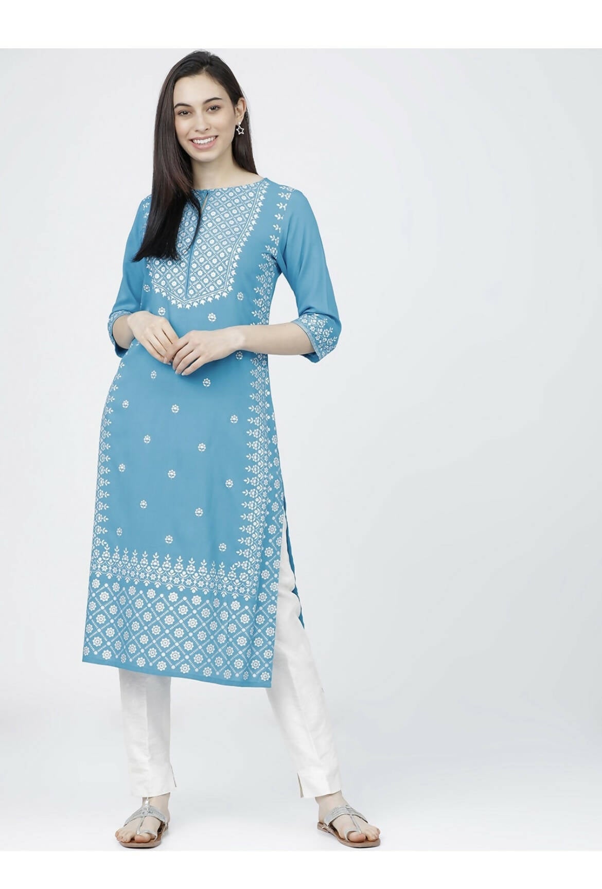 Cheera Embellished Daily Wear Cotton Blend Kurta - Sky Blue - Distacart