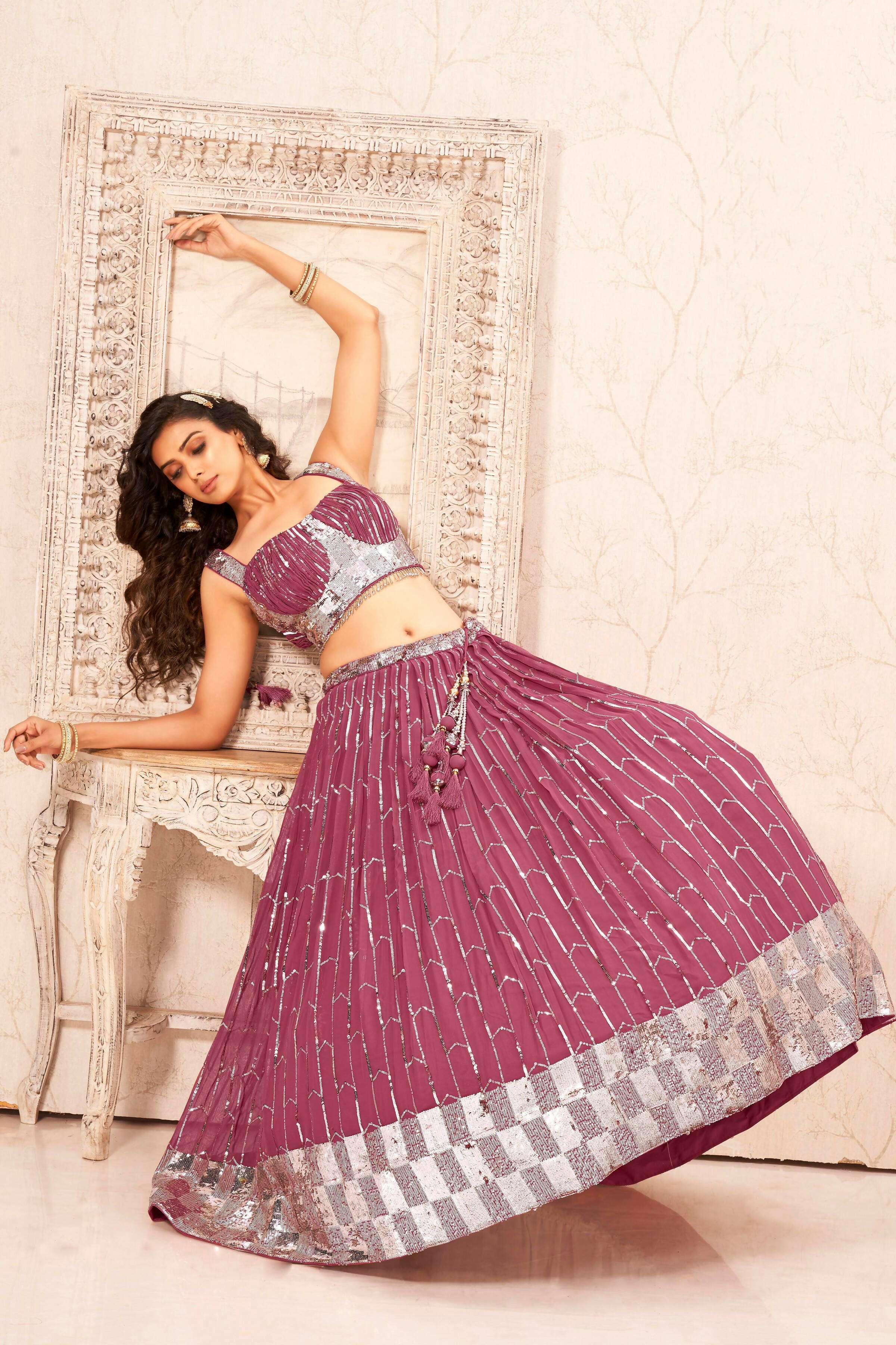 Mauve Faux Georgette Heavy Sequence work Lehenga Choli with Dupatta - Dhvani - Distacart