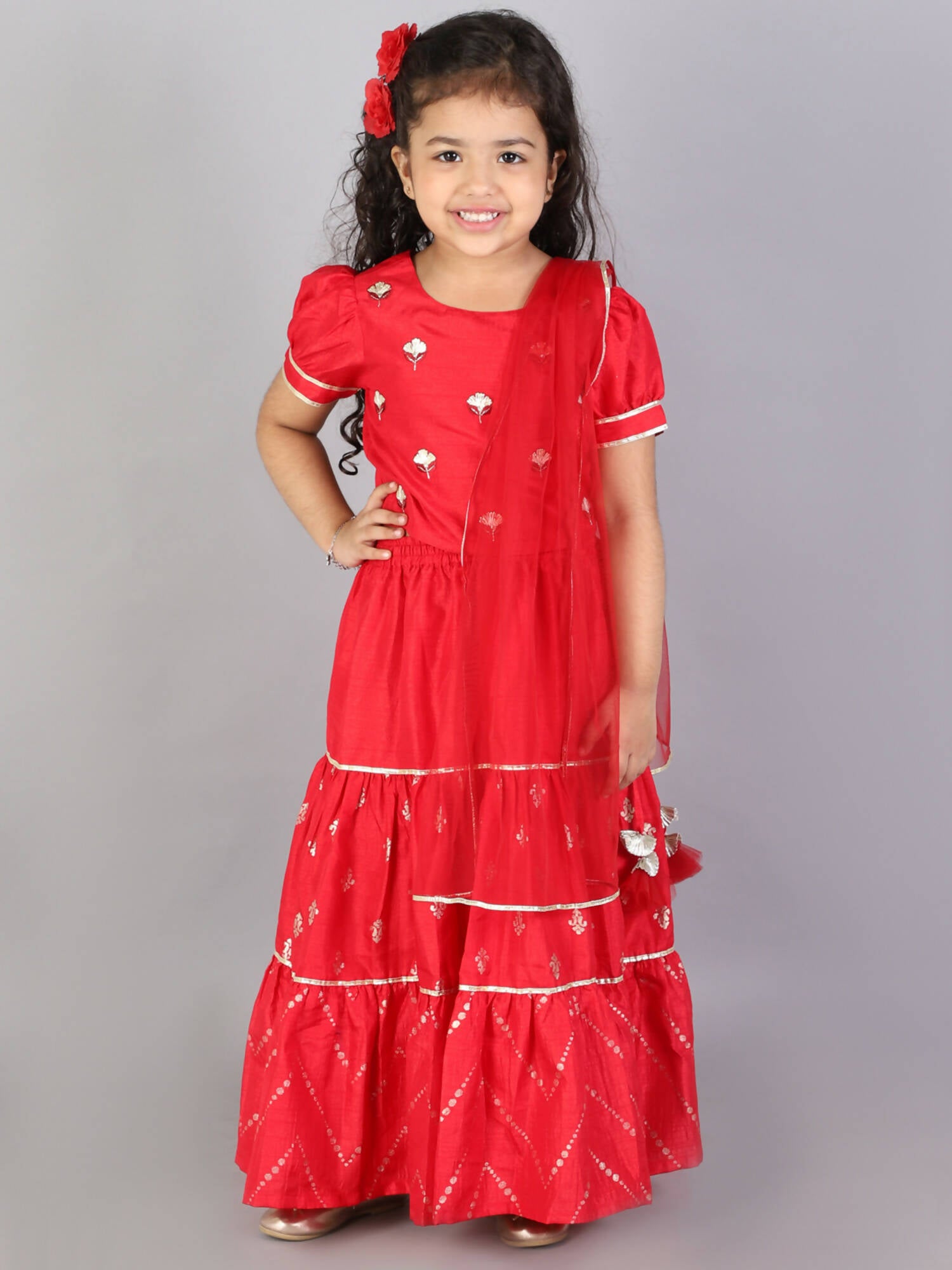 Lil Drama Girls Choli With Ghaghra & Dupatta Set - Red - Distacart