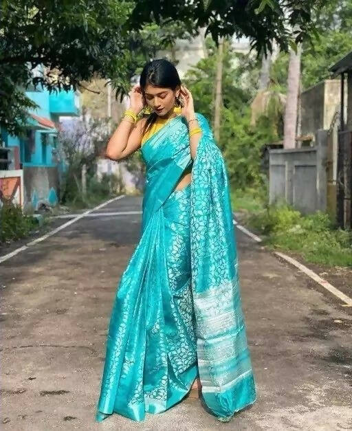 DEIANA'S Beautiful Golden Jari with New Design Soft Lichi Silk Saree - Sky - Distacart