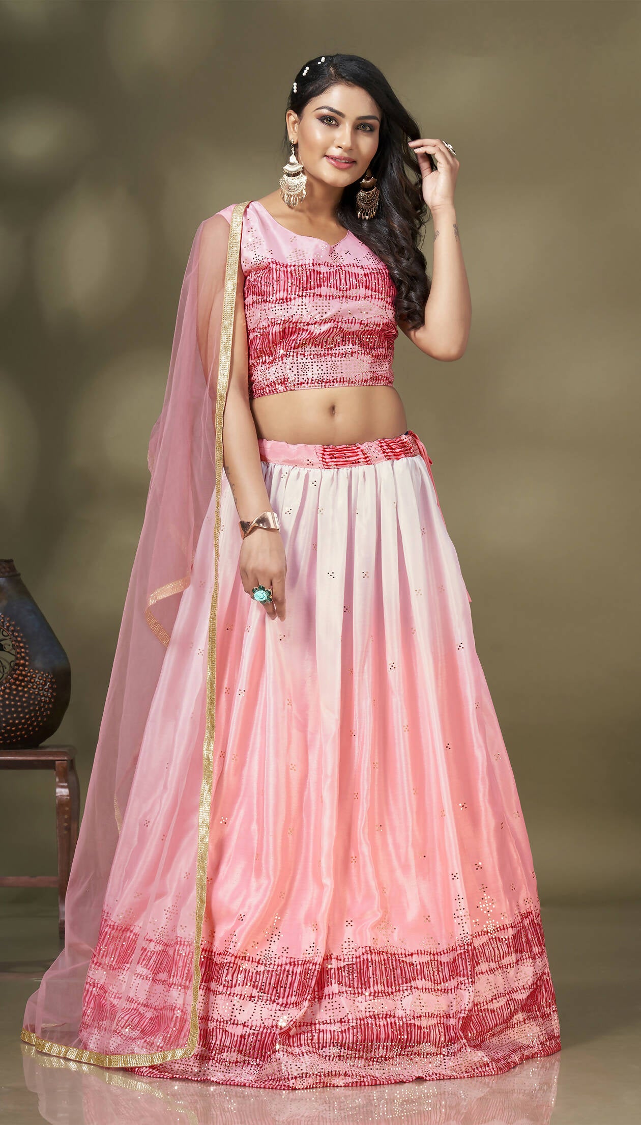 Pink Chinon Crush Mirror Foil work Lehenga Choli with Dupatta - Aakriti - Distacart