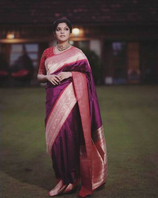 DEIANA'S Beautiful Golden Jari with New Design Soft Lichi Silk Saree - Purple - Distacart