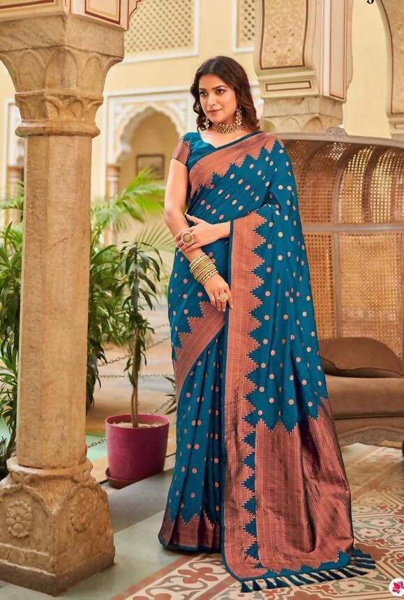 DEIANA'S Beautiful Golden Jari with New Design Soft Lichi Silk Saree - Blue - Distacart