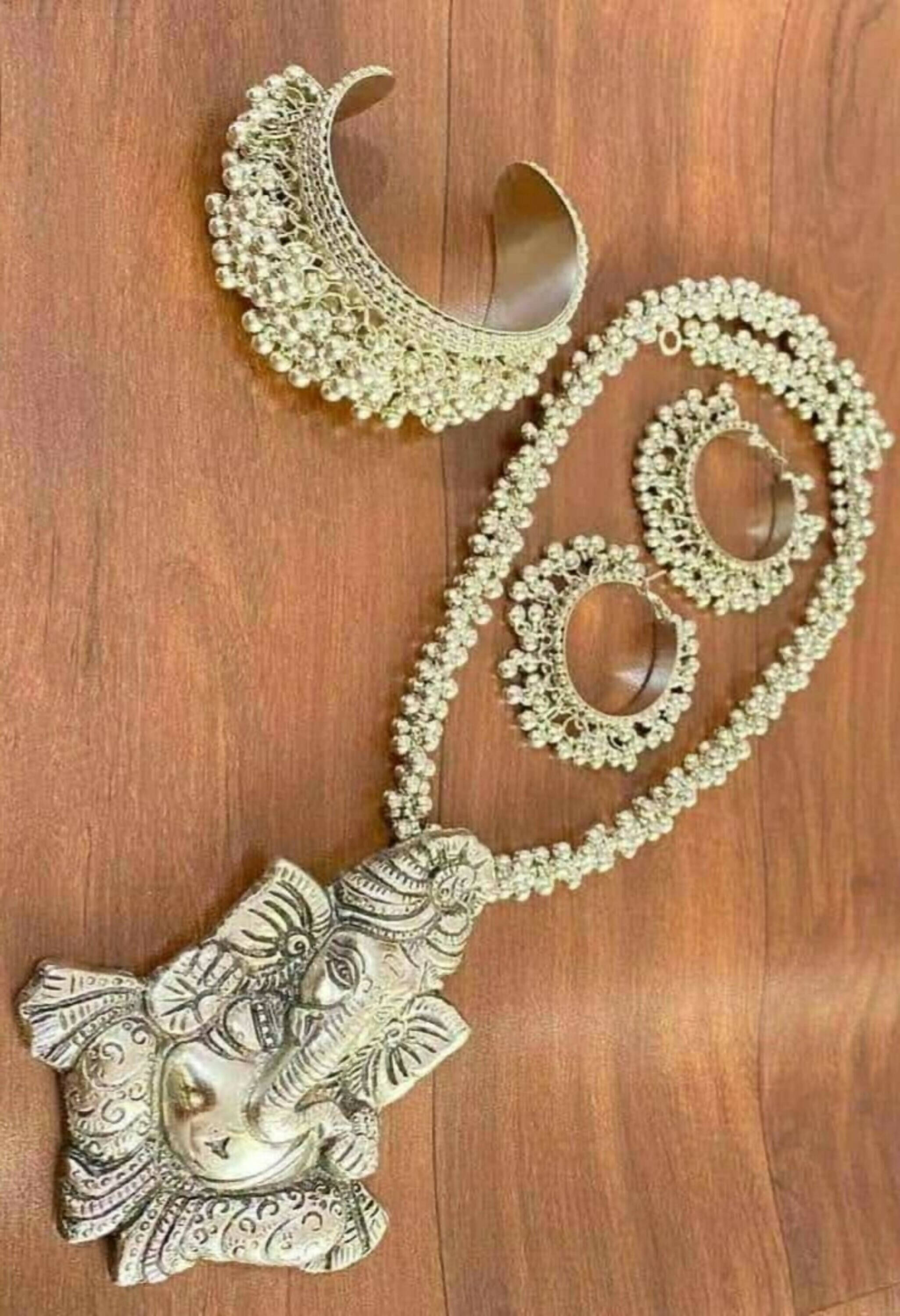 Mominos Fashion Johar Kamal Silver-Plated Brass Finish Ganesha Long Neckalce Combo Set For Women - Distacart