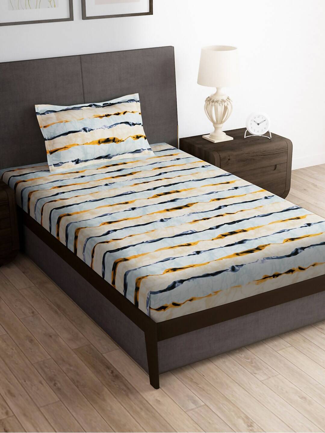 Story@home Arena Cream-Coloured & Grey Printed 180 TC Bedsheet & Pillow Covers - Distacart