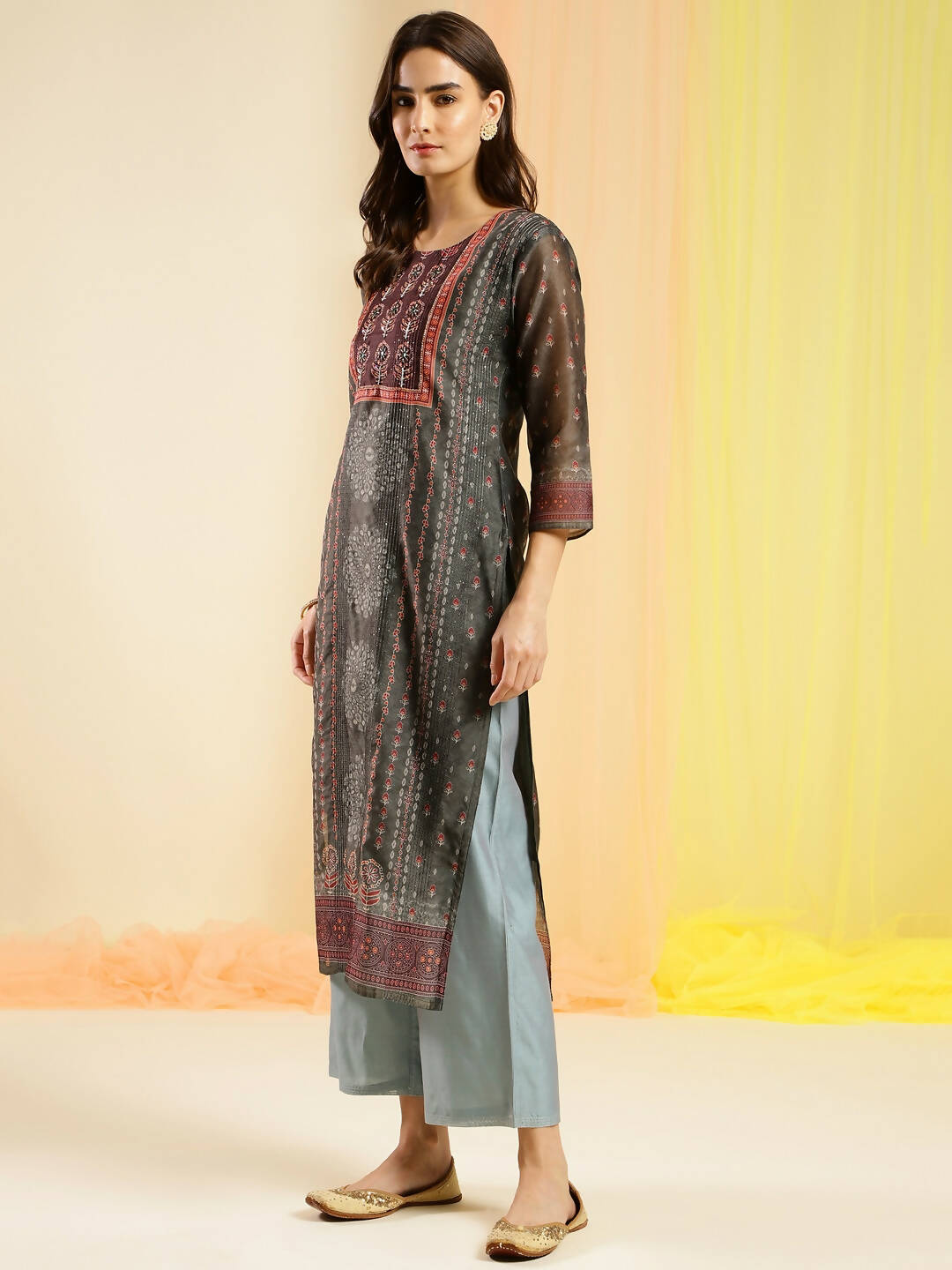 Dark Green Chinon Digital Printed With Hand Work Kurta - Himanshi - Distacart