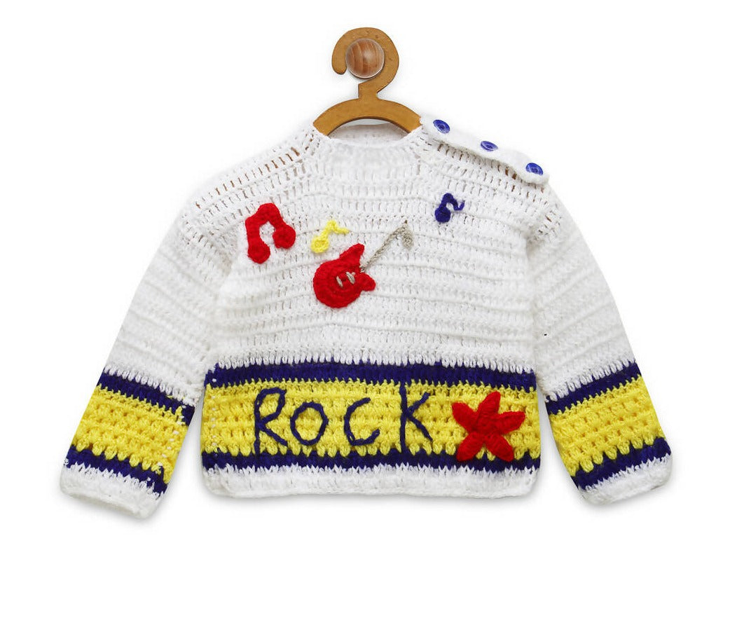 Chutput Kids White Coloured Solid Pullover For Baby Boys with ROCK Detail - Distacart