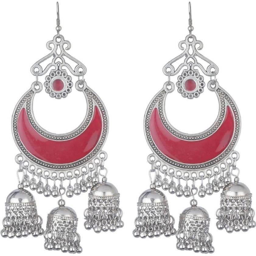 Oxidized German Silver Cherry Red Chandbali Jhumkis Hook Earrings