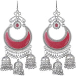 Thumbnail for Oxidized German Silver Cherry Red Chandbali Jhumkis Hook Earrings