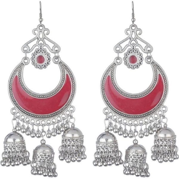 Oxidized German Silver Cherry Red Chandbali Jhumkis Hook Earrings