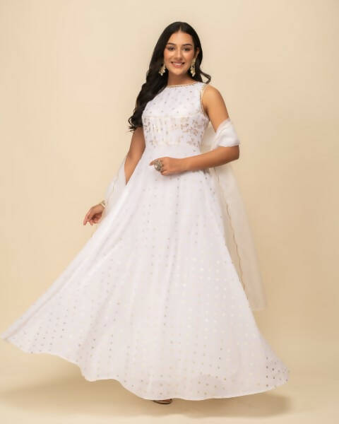 FIORRA Women's White Georgette Anarkali Kurta With Dupatta - Distacart