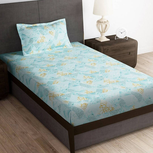 Story@home Arena Blue & Gold-Toned Printed 180 TC Bedsheet & Pillow Covers - Distacart