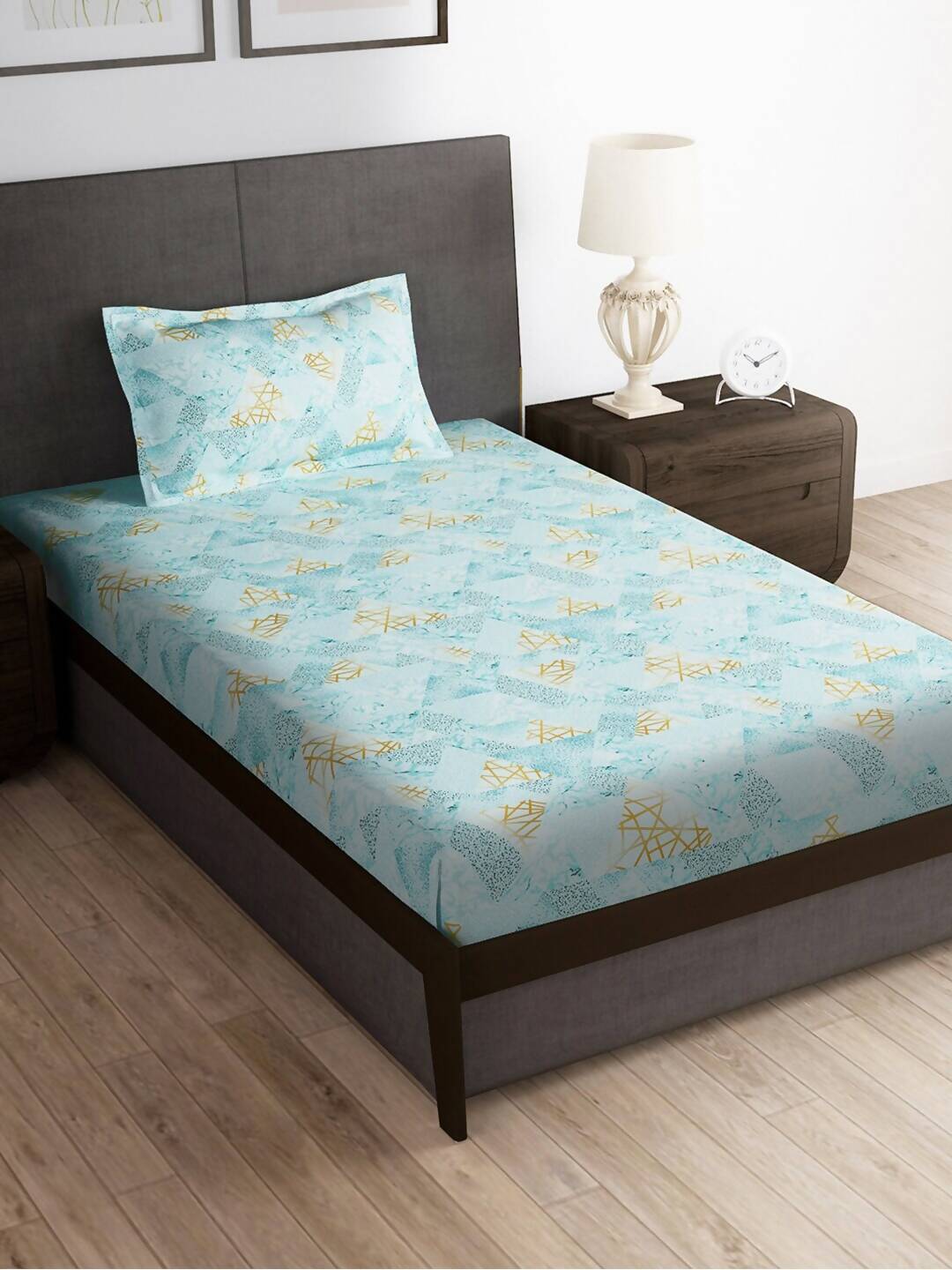 Story@home Arena Blue & Gold-Toned Printed 180 TC Bedsheet & Pillow Covers - Distacart