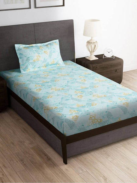Story@home Arena Blue & Gold-Toned Printed 180 TC Bedsheet & Pillow Covers - Distacart