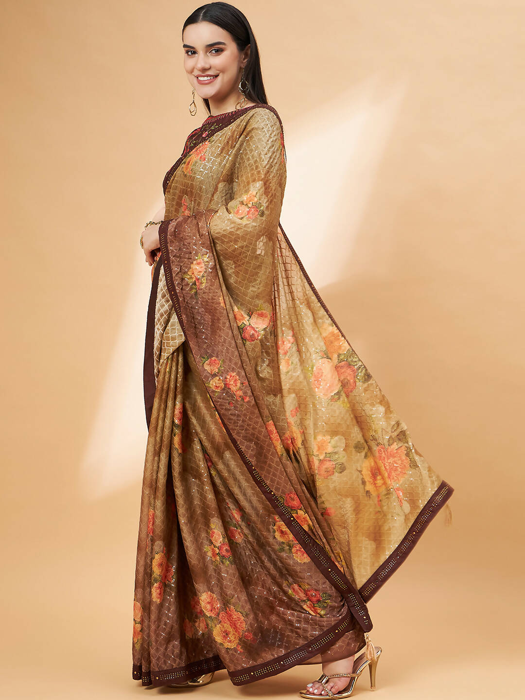 Beige Georgette Resham And Sequins Embroidery, Mukaish Studded Work Saree - Norita Hit Design - Distacart