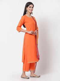 Thumbnail for Myshka Orange Solid Cotton 3/4 Sleeve Round Neck Casual Kurta Pant Dupatta Set