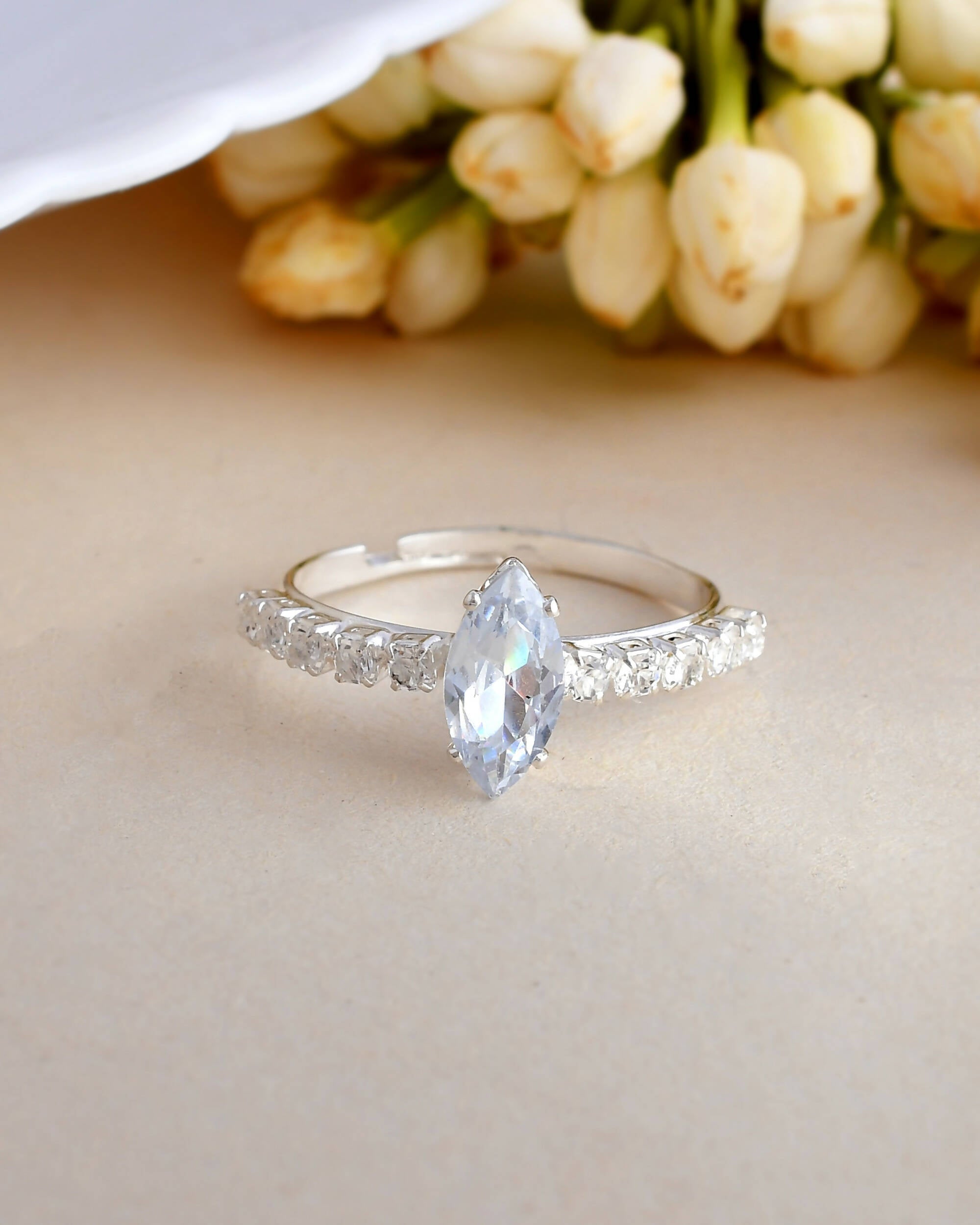 VOJ white CZ-detail Stainless Steel Cubic Zirconia Silver Plated Adjustable Finger Ring - Distacart