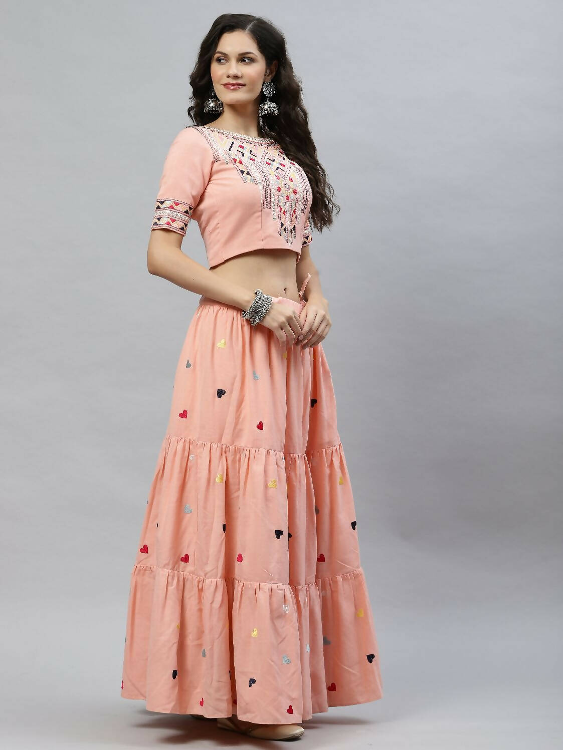 Pink Cotton Embroidered Work Lehenga Choli with Dupatta - Jivika - Distacart