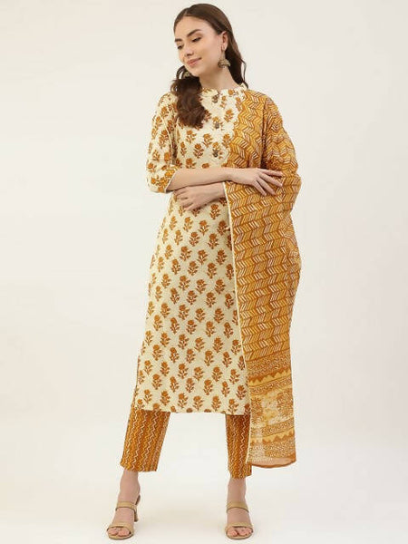 FIORRA Women's Yellow Cotton Straight Kurta Pant With Dupatta - Distacart