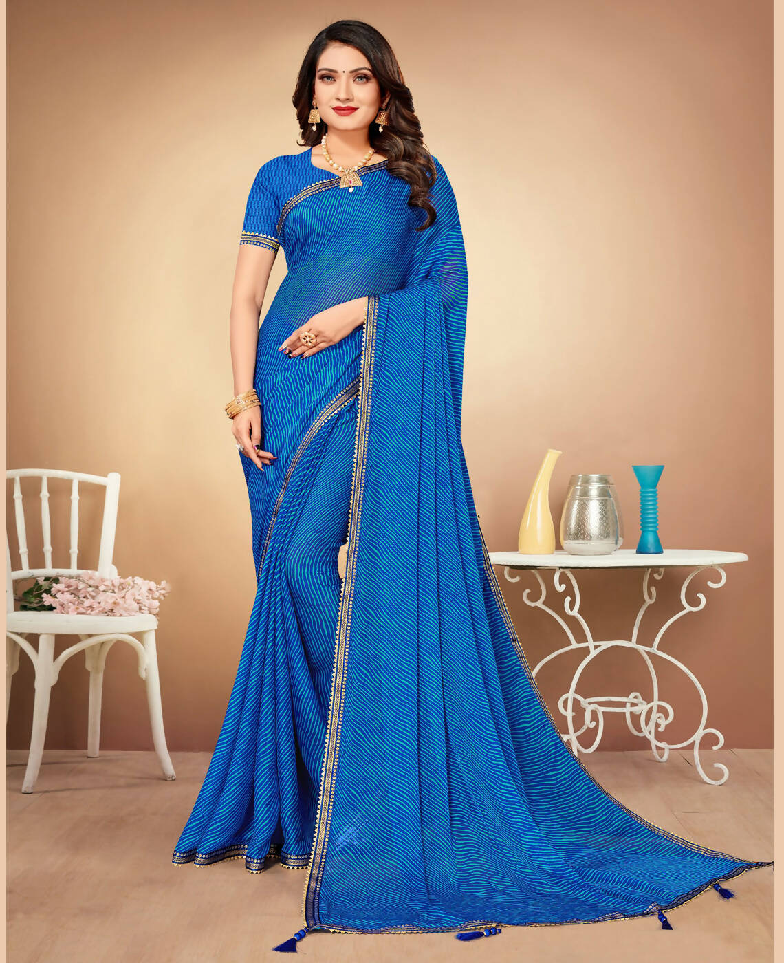 Blue Chiffon Leheriya Printed Saree With Unstitched Blouse Piece - Swarna - Distacart