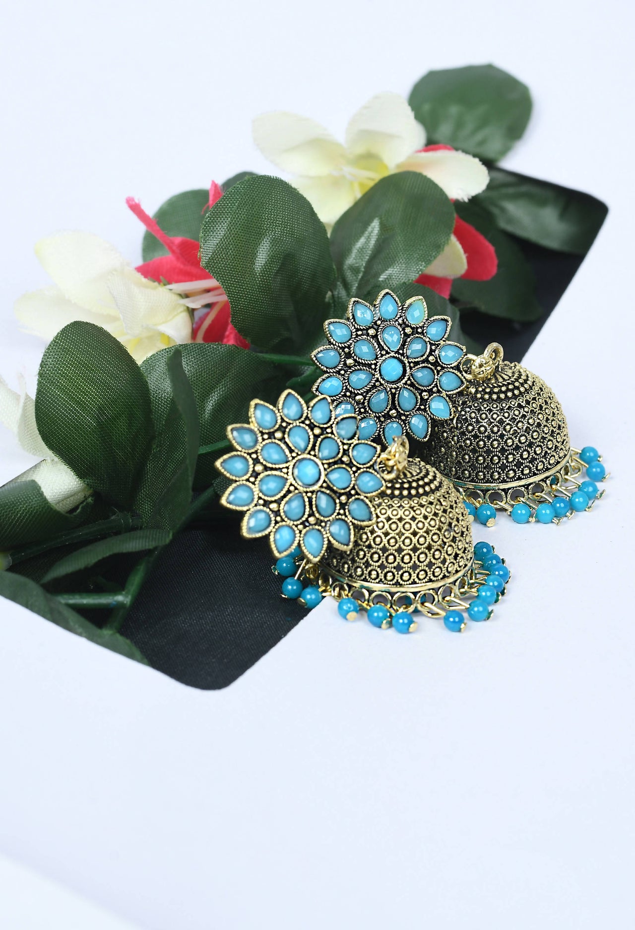 Mominos Fashion Johar Kamal Beautiful Kundan Work Jhumka With Sky Blue Beads - Distacart