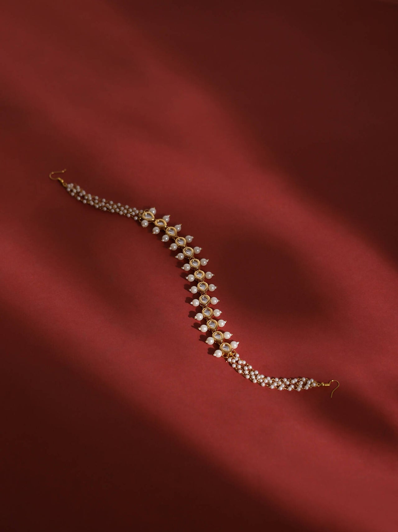 Gold-Plated White Kundan-Studded Pearl Beaded Hair Band - Ruby Raang - Distacart