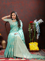 Thumbnail for Lorenvalley Fashion Skyblue Cotton Woven Design with Zari Weaving Design Saree - Distacart