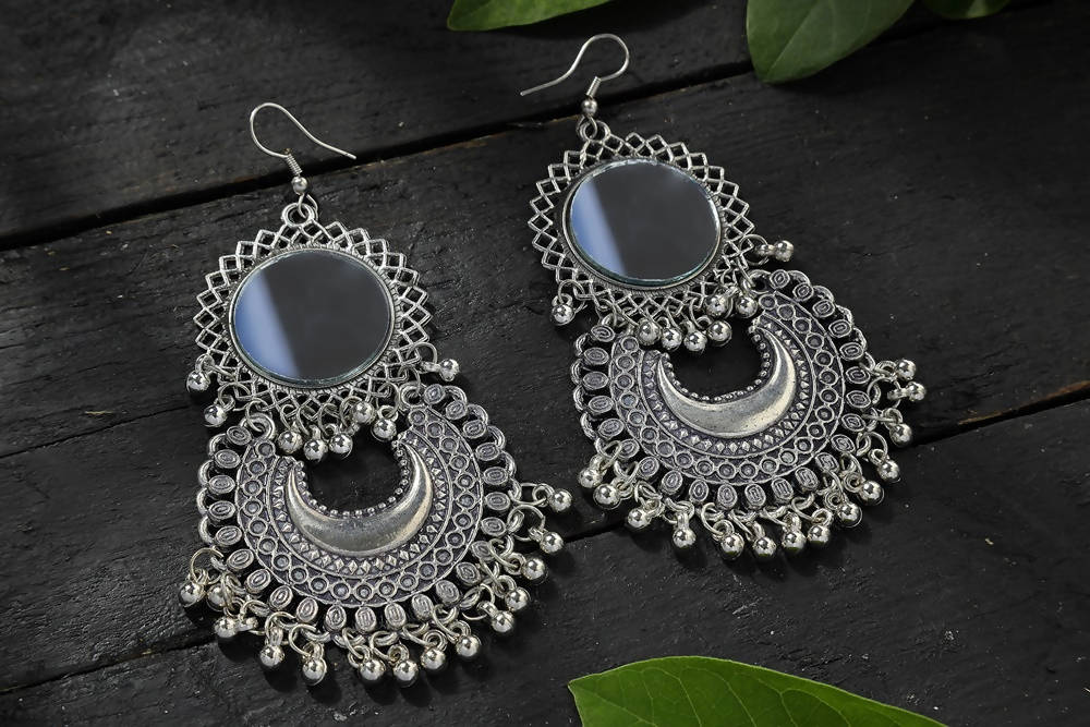 Mominos Fashion Johar Kamal Silver Oxidised Mirror Chandbali Earrings - Distacart