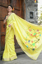 Thumbnail for Very Much Indian Handloom Pure Cotton Fresh Yellow Paithani - Distacart