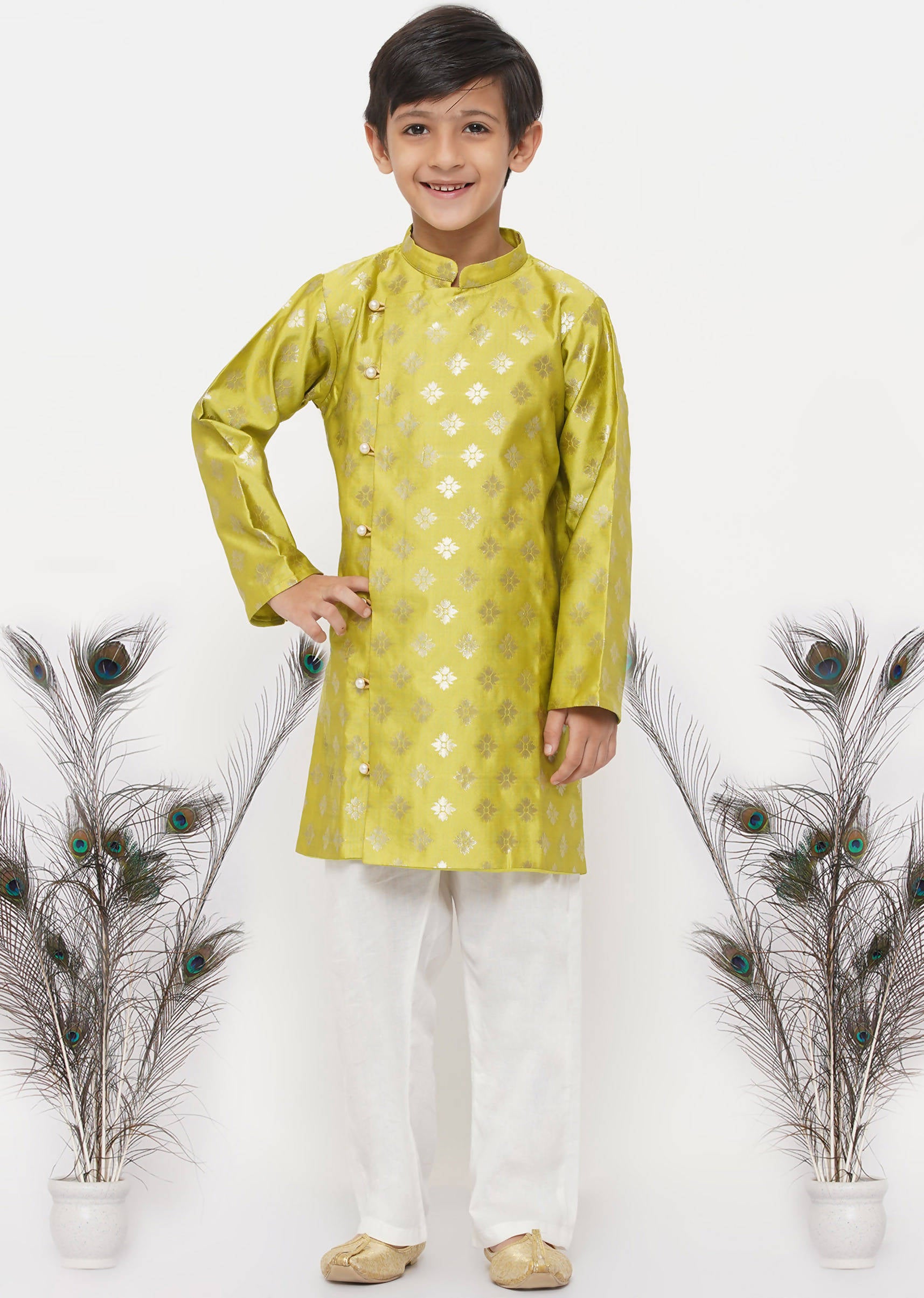 Little Bansi Banarsi Silk Sherwani & Pyjama - Apple Green & Cream - Distacart