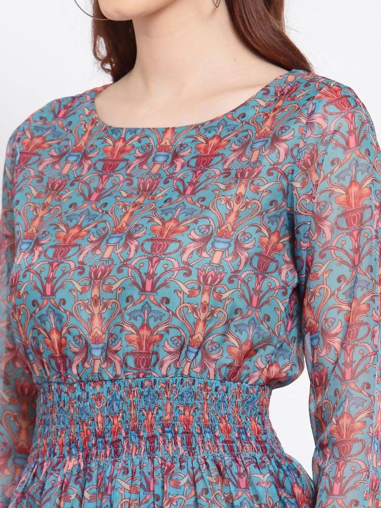 Myshka Women's Multi Printed Organza Full Sleeve Round Neck Casual Maxi Dress