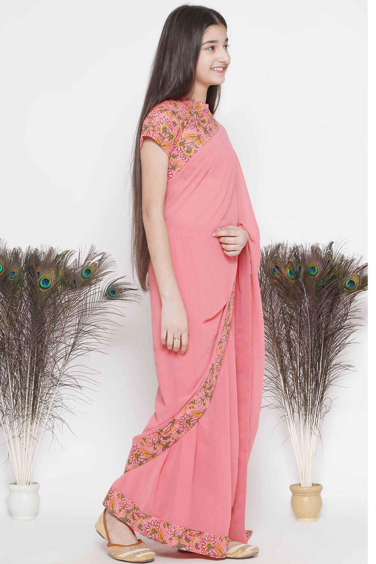 Little Bansi Floral Print Ready To Wear Saree And Floral Blouse - Coral - Distacart