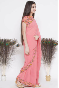 Thumbnail for Little Bansi Floral Print Ready To Wear Saree And Floral Blouse - Coral - Distacart