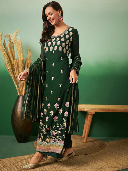 Green Georgette Handwork Unstitched Dress Material - Hanika - Distacart