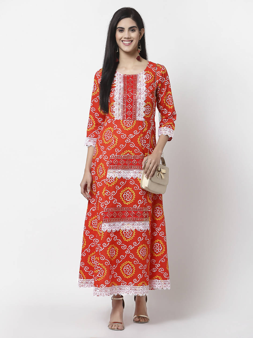 Myshka Women's Pure Cotton Round Neck Printed 3/4 Sleeve Dress