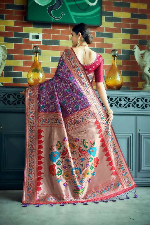 Vishnu Weaves Women's Wine Paithani Patola Silk Zari Woven Saree with Unstitched Blouse - Distacart