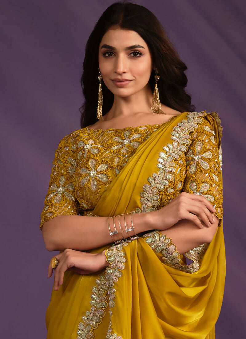 Mustard Crepe Satin Silk Embroidered Saree With Stitched Blouse - Mohmanthan Exotica - Distacart