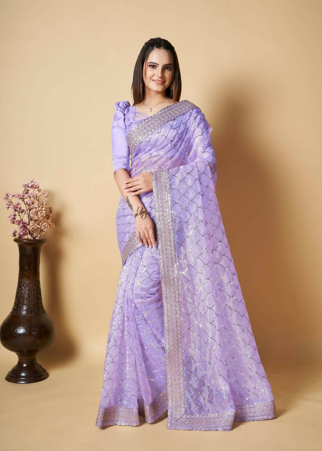 Vamsee Blue Organza Saree - Distacart