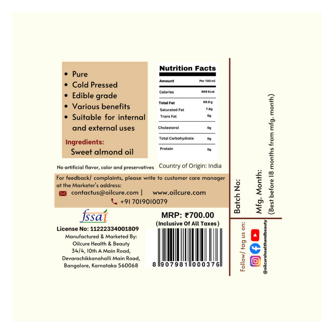 Oilcure Sweet Almond Oil Cold Pressed - Distacart