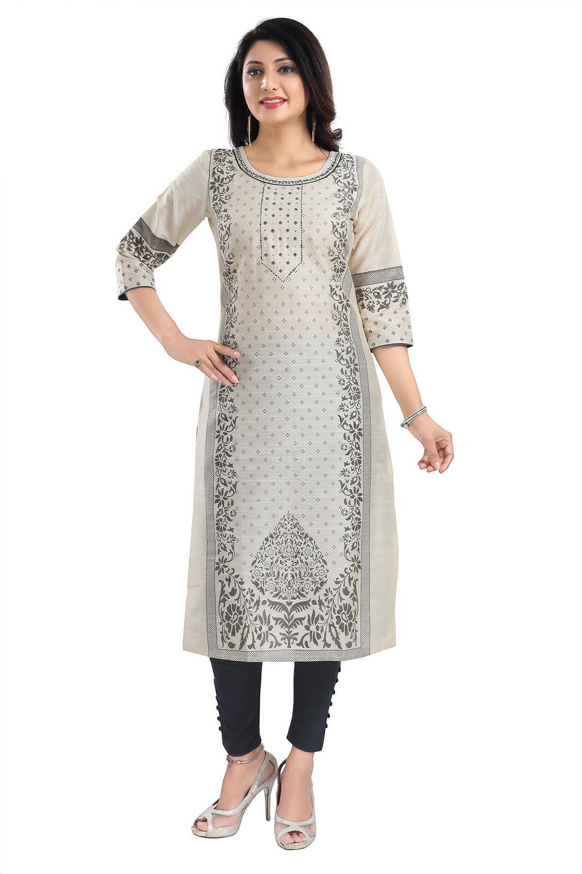 Snehal Creations Cream Raw Silk Block Print Long Kurta For Women - Distacart